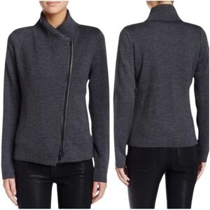 Vince Women’s L Charcoal Gray Wool Leather Asymmetrical Zip Up Jacket Sweater